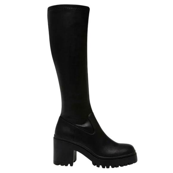 Steve Madden size 7.5 LALO Black Vegan Leather Tall Platform Lug Heel Boots - Picture 1 of 13